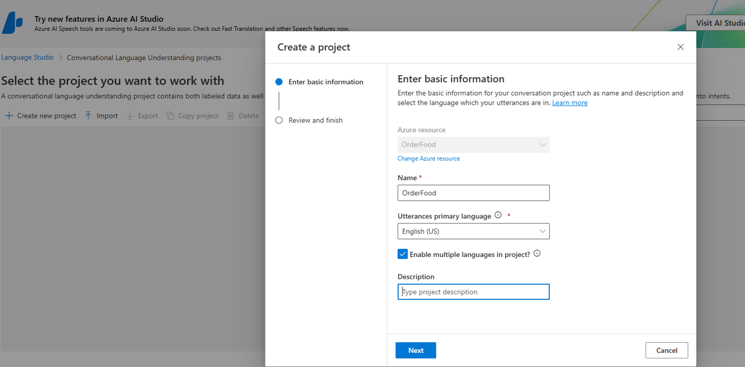 Create a LUIS Project