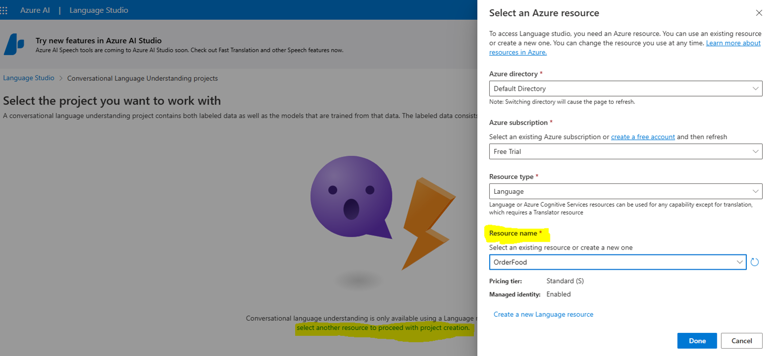 Select Azure resource in Language Studio portal