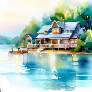 serene vacation lake house, watercolor painting